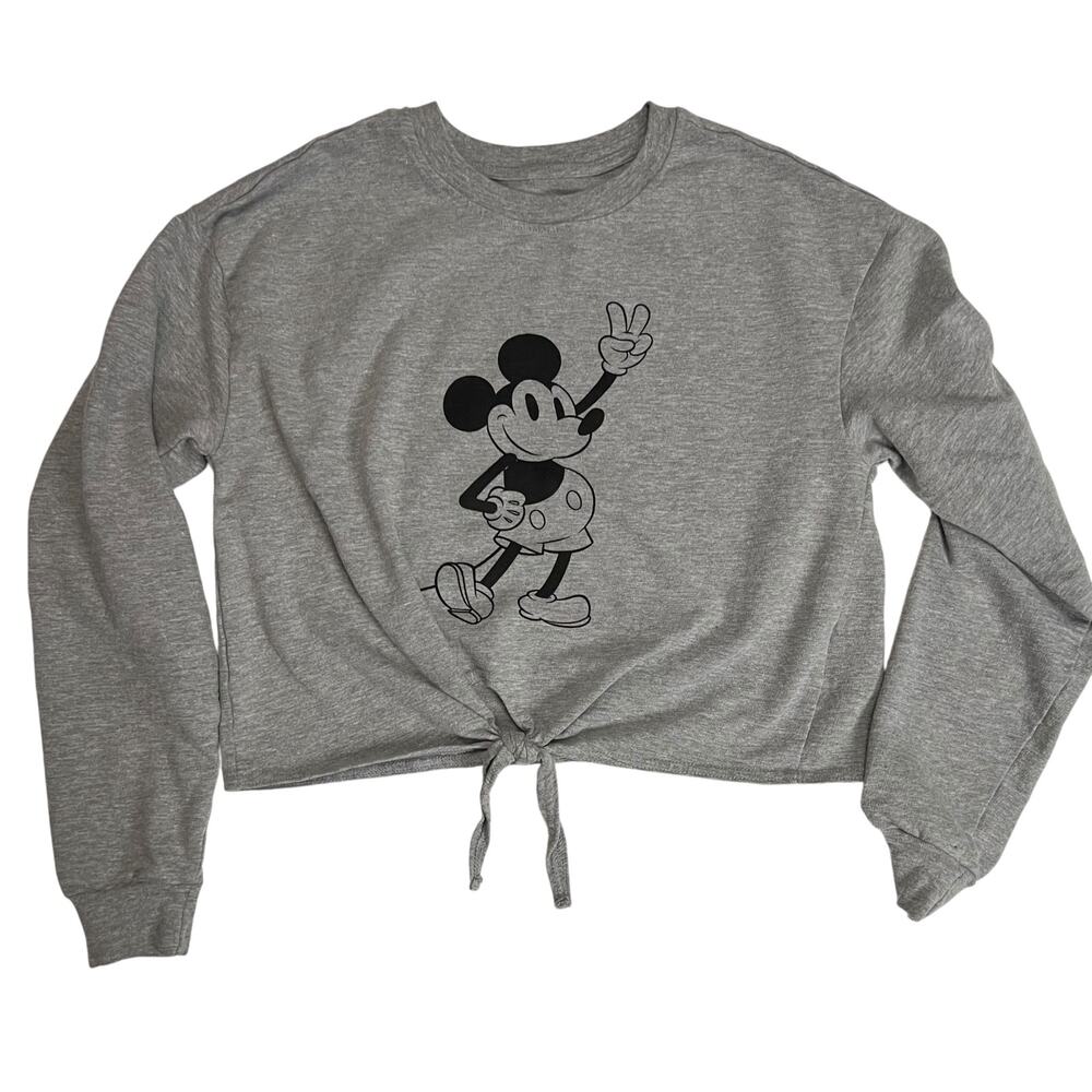 Disney‎ Mickey Mouse Tie-Front Girls Crop Pullover Sweatshirt Gray, Size Small